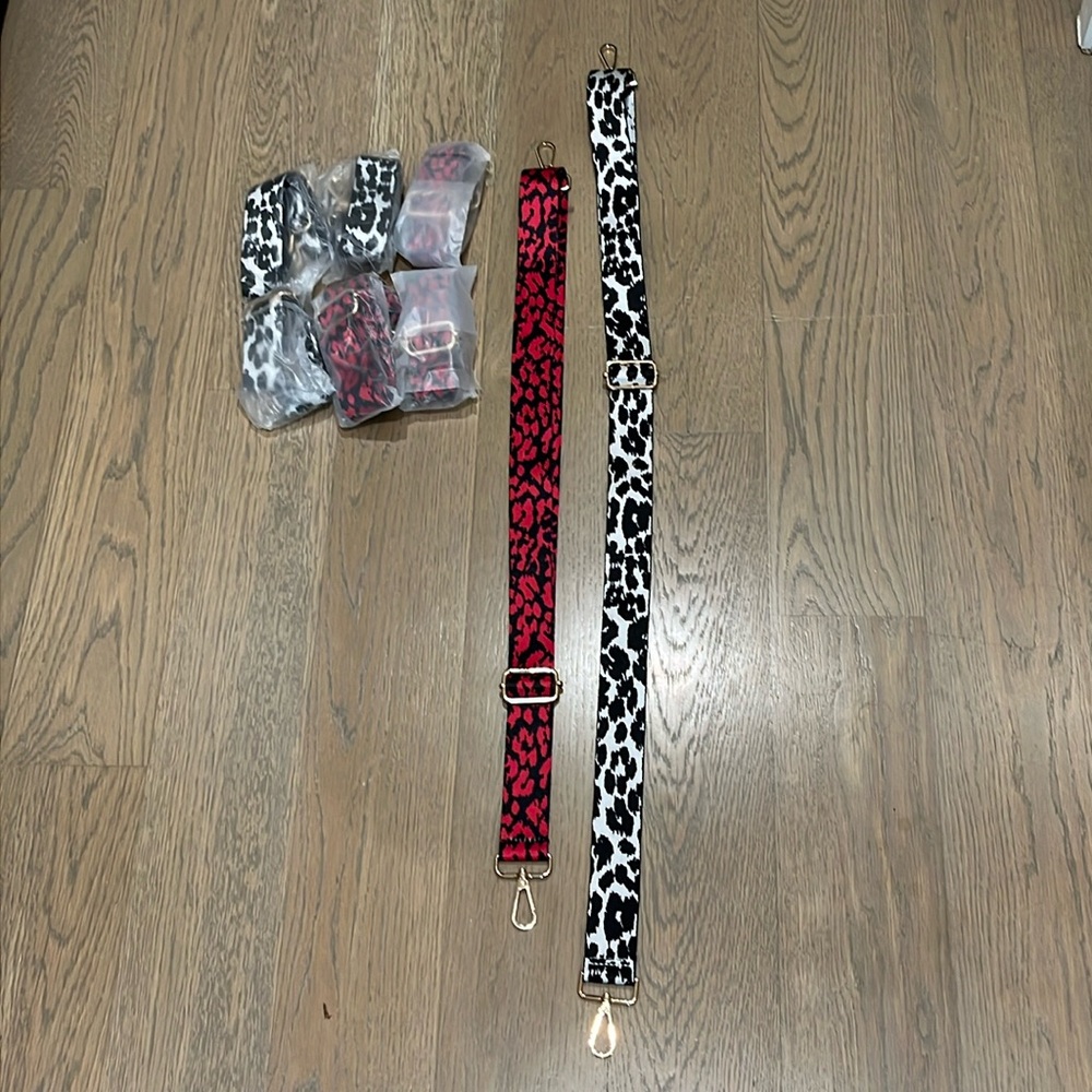 Black,Red,White animal print bag strap with gold buckle